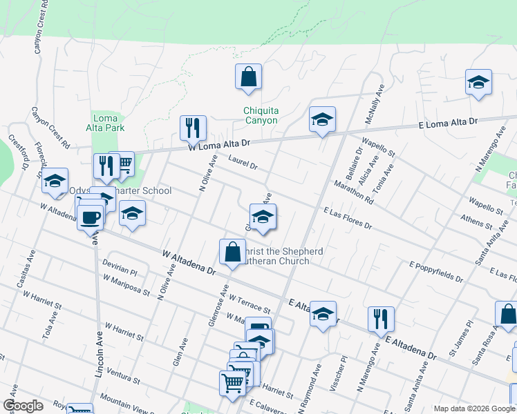 map of restaurants, bars, coffee shops, grocery stores, and more near 3199 Glenrose Avenue in Altadena