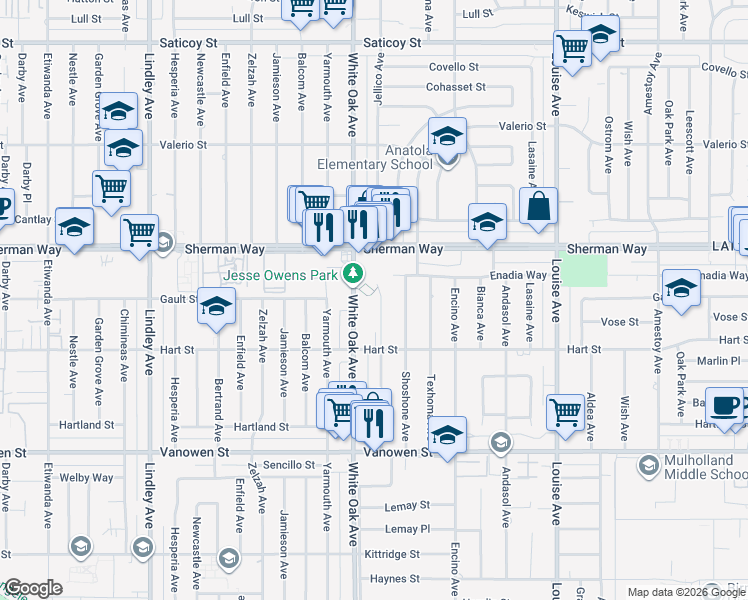map of restaurants, bars, coffee shops, grocery stores, and more near 7063 Jellico Avenue in Los Angeles