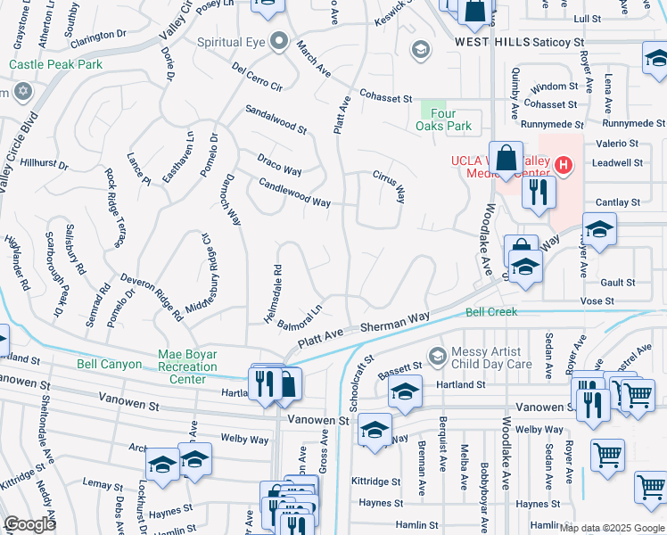 map of restaurants, bars, coffee shops, grocery stores, and more near 7124 Gateshead Way in Los Angeles