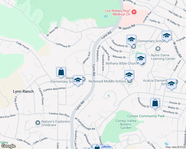 map of restaurants, bars, coffee shops, grocery stores, and more near 612 Camino Manzanas in Thousand Oaks