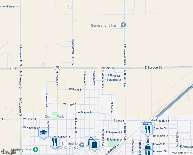 map of restaurants, bars, coffee shops, grocery stores, and more near 202 East Rose Lane in Portales