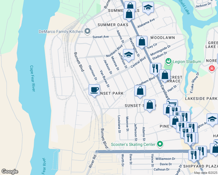map of restaurants, bars, coffee shops, grocery stores, and more near 2123 Van Buren Street in Wilmington