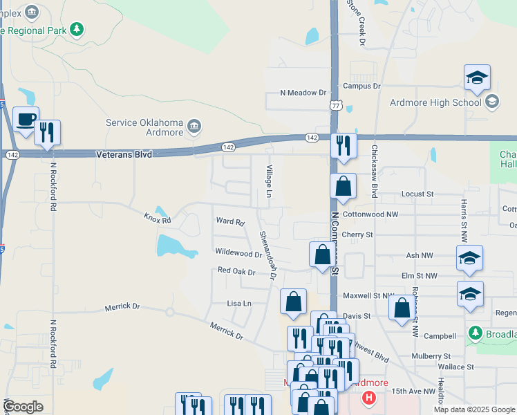 map of restaurants, bars, coffee shops, grocery stores, and more near 1401 Knox Road Northwest in Ardmore