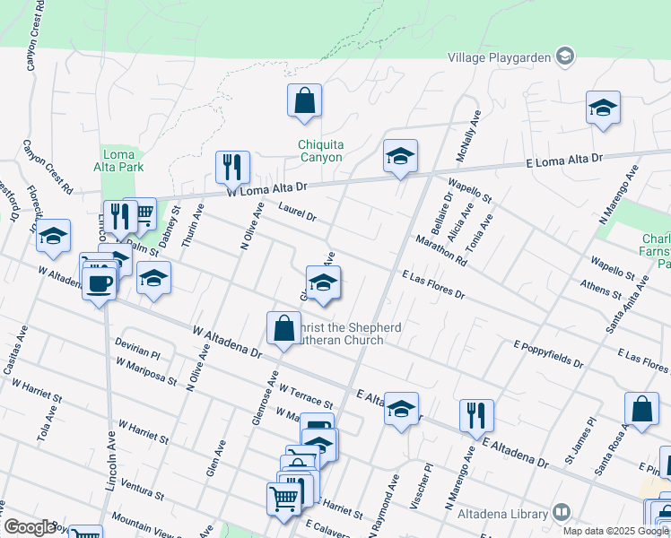 map of restaurants, bars, coffee shops, grocery stores, and more near 119 West Las Flores Drive in Altadena