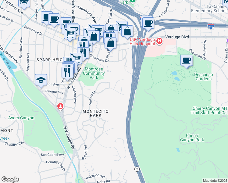 map of restaurants, bars, coffee shops, grocery stores, and more near 3411 Sierra Glen Road in Glendale