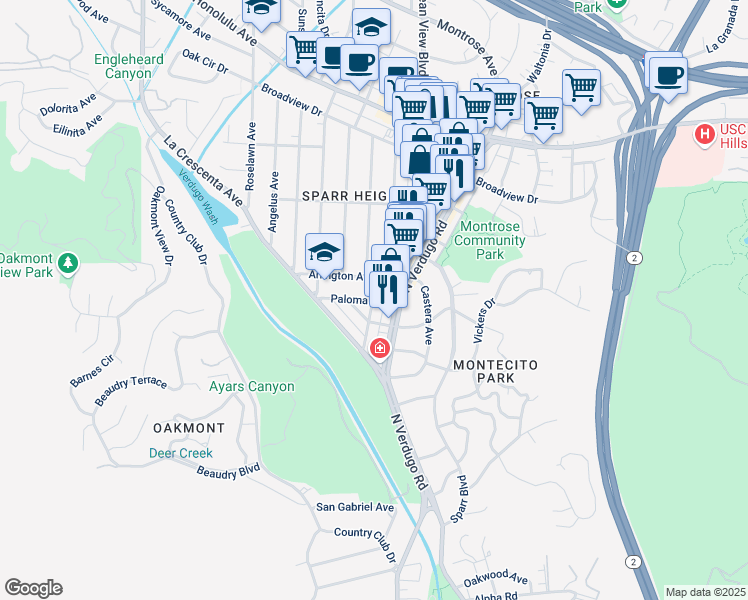 map of restaurants, bars, coffee shops, grocery stores, and more near 1700 Arlington Avenue in Glendale