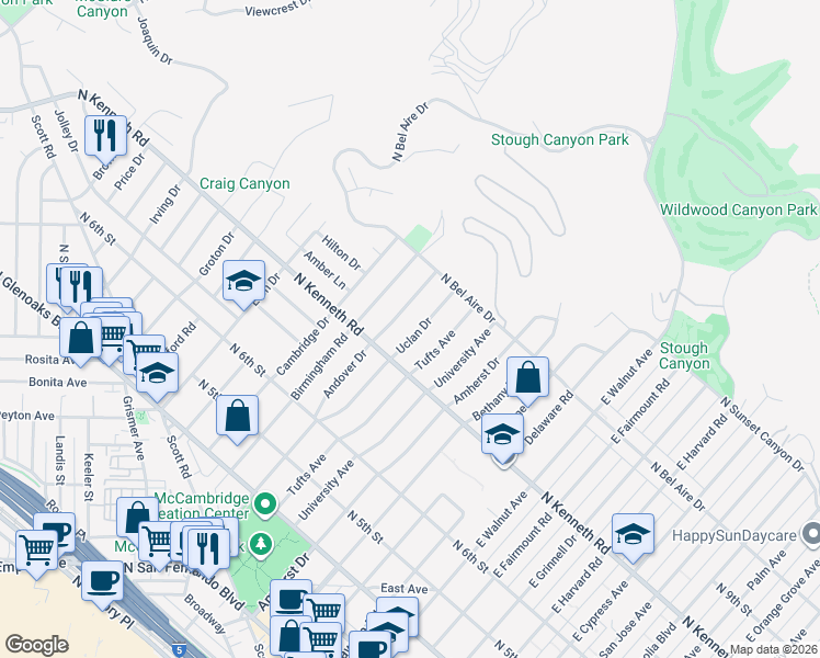 map of restaurants, bars, coffee shops, grocery stores, and more near 843 Andover Drive in Burbank