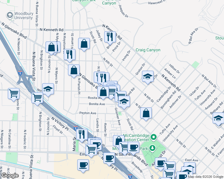 map of restaurants, bars, coffee shops, grocery stores, and more near 508 Hampton Road in Burbank