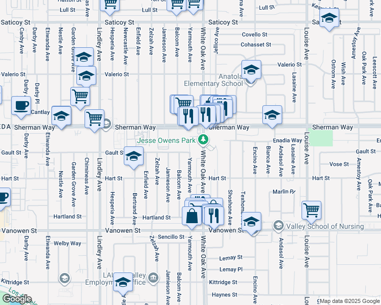 map of restaurants, bars, coffee shops, grocery stores, and more near 7126 Yarmouth Avenue in Los Angeles