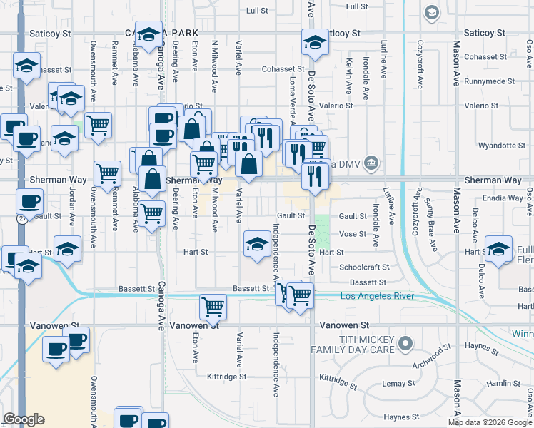 map of restaurants, bars, coffee shops, grocery stores, and more near 21025 Gault Street in Los Angeles