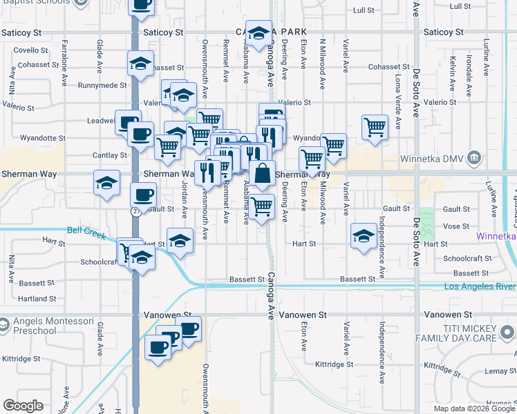 map of restaurants, bars, coffee shops, grocery stores, and more near in Los Angeles