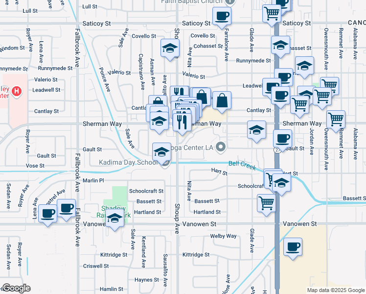 map of restaurants, bars, coffee shops, grocery stores, and more near 7138 Shoup Avenue in Los Angeles