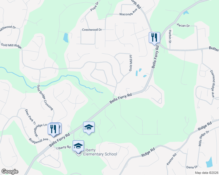 map of restaurants, bars, coffee shops, grocery stores, and more near 324 Downing Creek Trail in Canton