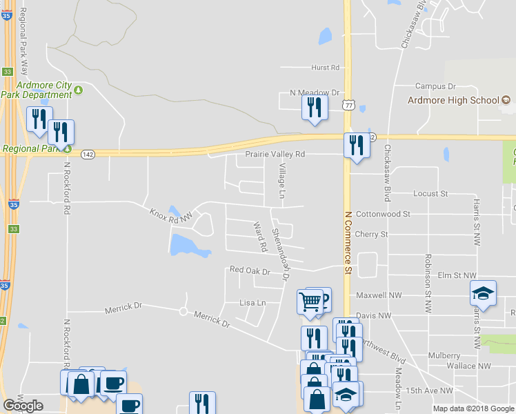 map of restaurants, bars, coffee shops, grocery stores, and more near 1604 Knox Road Northwest in Ardmore
