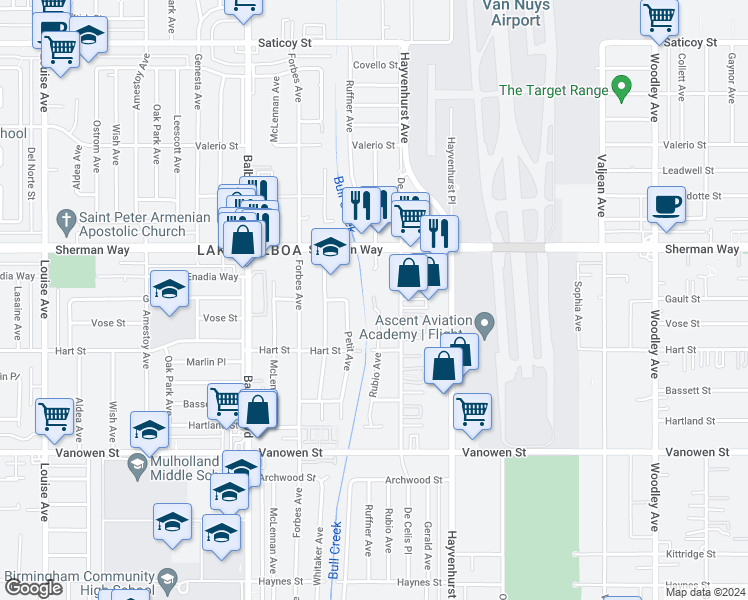 map of restaurants, bars, coffee shops, grocery stores, and more near 7057 Rubio Avenue in Los Angeles