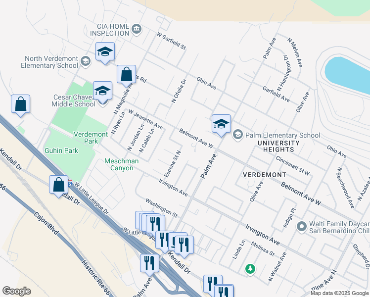 map of restaurants, bars, coffee shops, grocery stores, and more near 6515 Escena Street North in San Bernardino