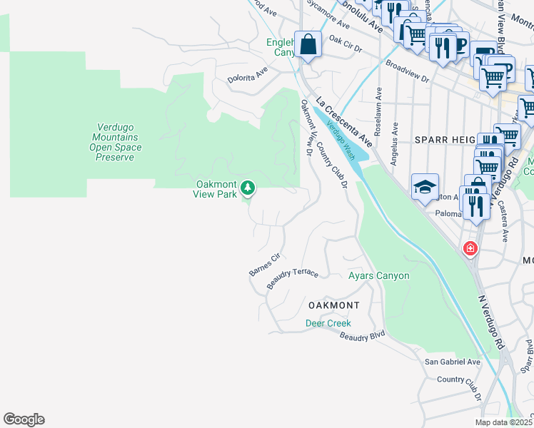 map of restaurants, bars, coffee shops, grocery stores, and more near 3422 Esperanza Terrace in Glendale