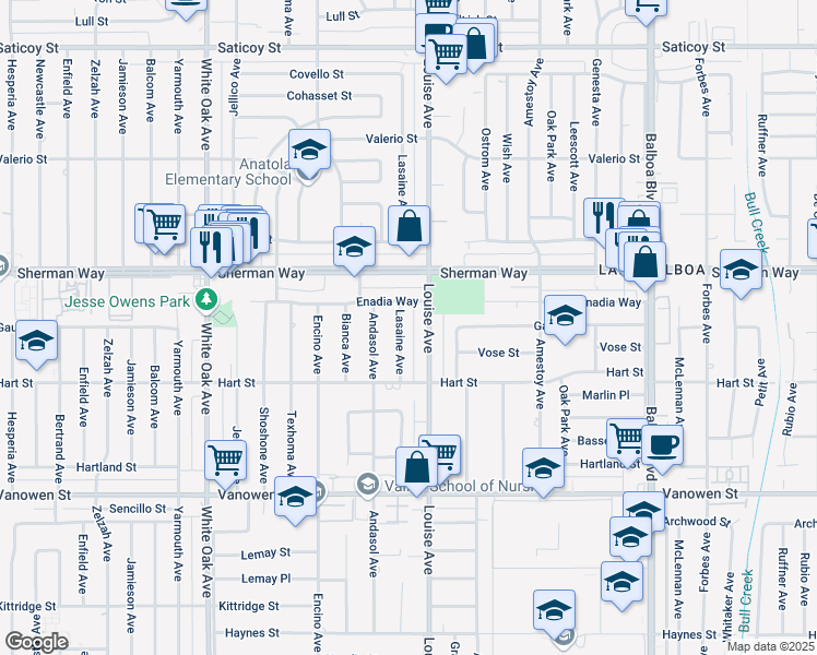 map of restaurants, bars, coffee shops, grocery stores, and more near 7124 Lasaine Avenue in Los Angeles