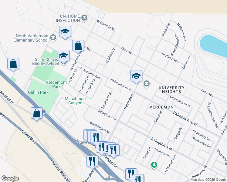 map of restaurants, bars, coffee shops, grocery stores, and more near 6515 Escena Street North in San Bernardino