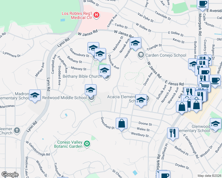 map of restaurants, bars, coffee shops, grocery stores, and more near 1463 Feather Avenue in Thousand Oaks