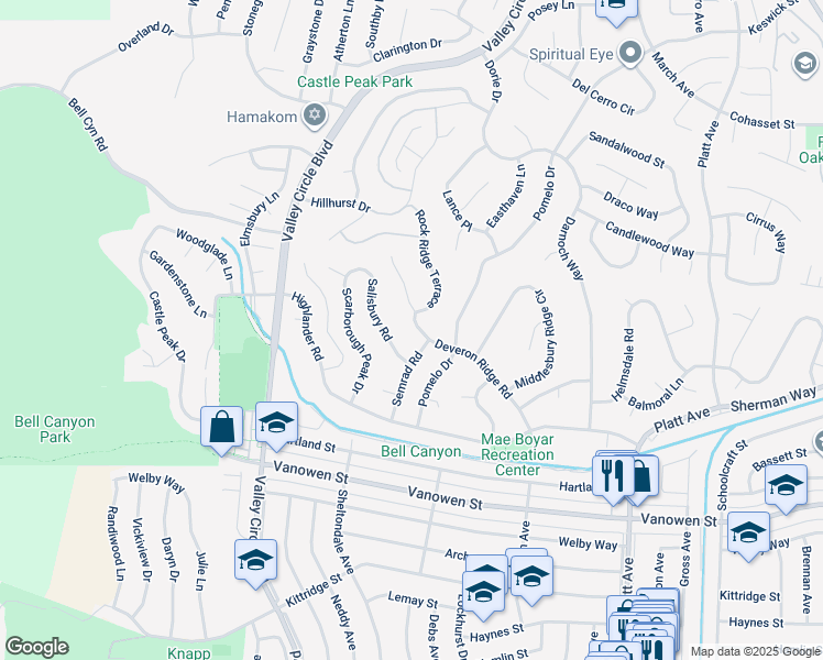 map of restaurants, bars, coffee shops, grocery stores, and more near 7119 Deveron Ridge Road in Los Angeles