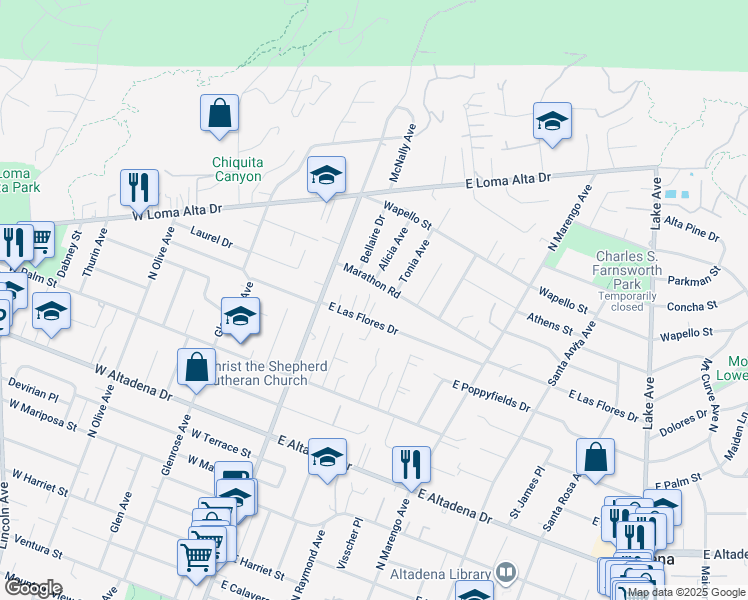 map of restaurants, bars, coffee shops, grocery stores, and more near 103 East Las Flores Drive in Altadena