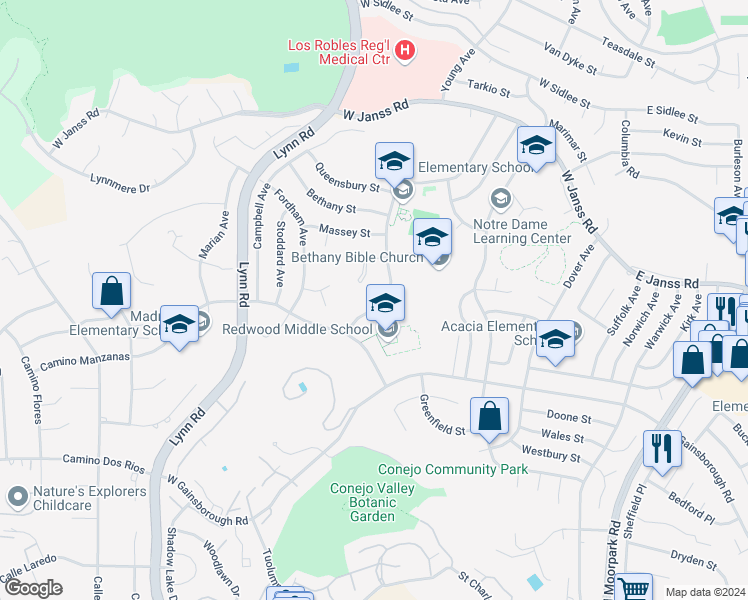 map of restaurants, bars, coffee shops, grocery stores, and more near 1479 Oberlin Avenue in Thousand Oaks