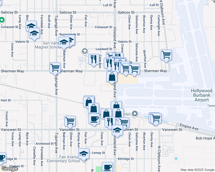 map of restaurants, bars, coffee shops, grocery stores, and more near 7121 Vineland Avenue in Los Angeles