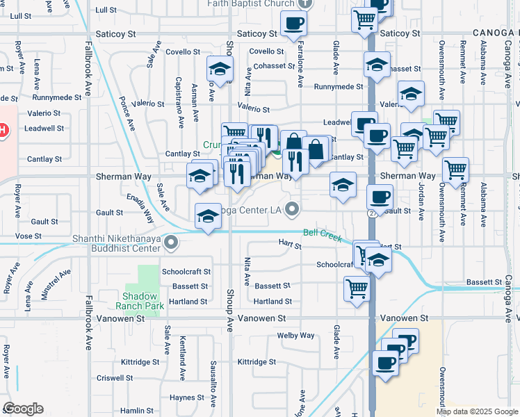 map of restaurants, bars, coffee shops, grocery stores, and more near 7050 Shoup Avenue in Los Angeles