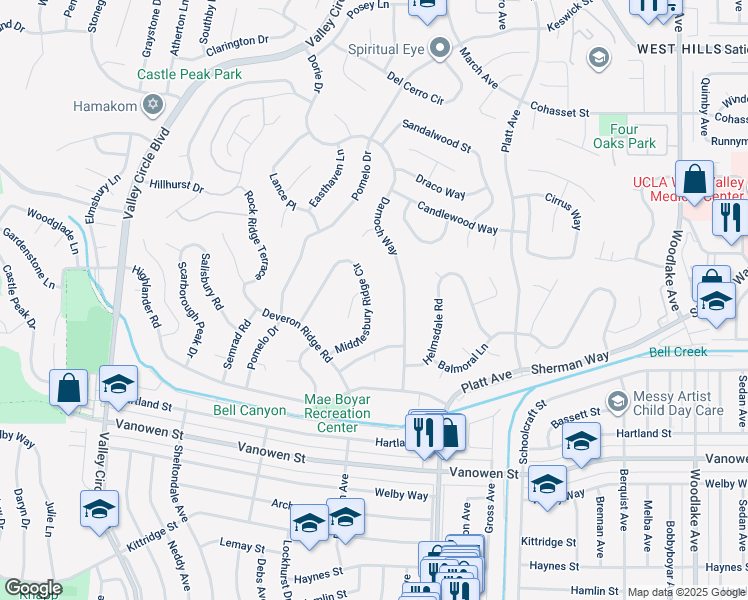 map of restaurants, bars, coffee shops, grocery stores, and more near 7024 Middlesbury Ridge Circle in Los Angeles