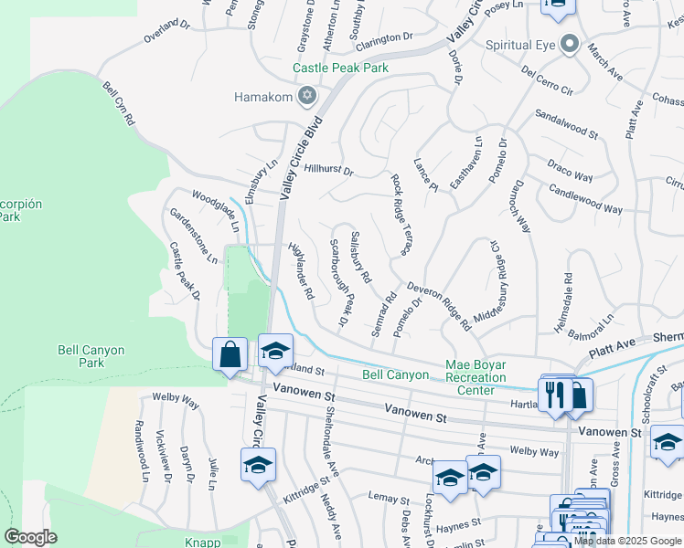 map of restaurants, bars, coffee shops, grocery stores, and more near 7100 Scarborough Peak Drive in Los Angeles