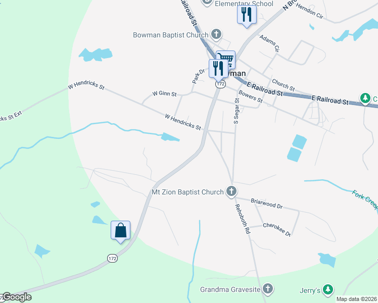 map of restaurants, bars, coffee shops, grocery stores, and more near 241 Broad Street in Bowman