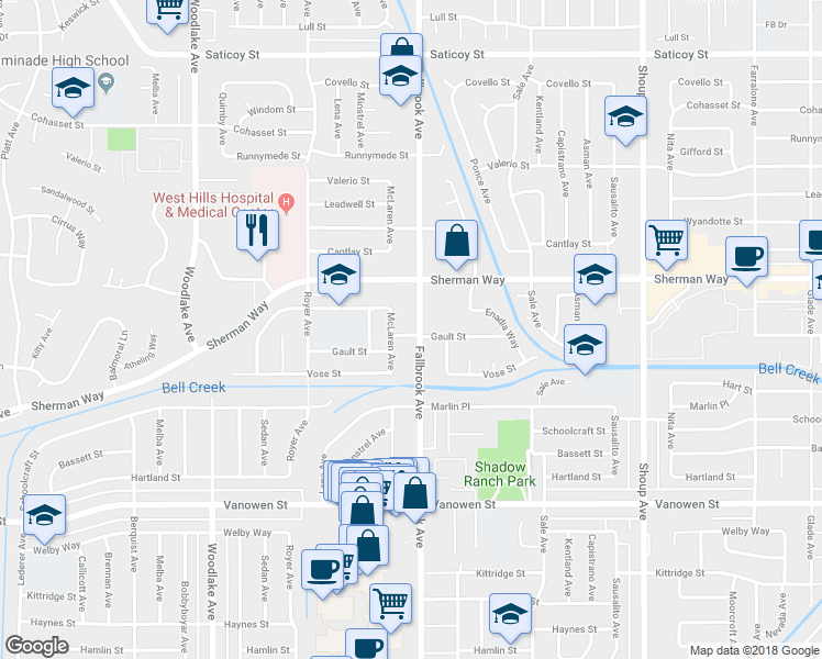 map of restaurants, bars, coffee shops, grocery stores, and more near 7101 Fallbrook Avenue in Los Angeles