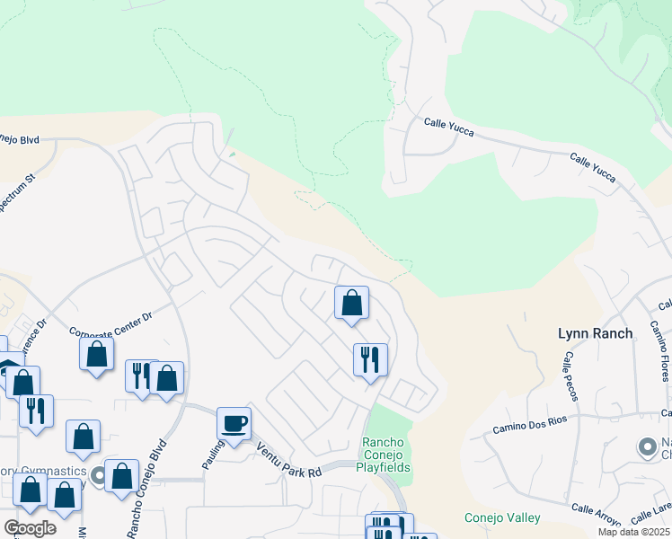 map of restaurants, bars, coffee shops, grocery stores, and more near 1542 Hidden Meadow Court in Thousand Oaks