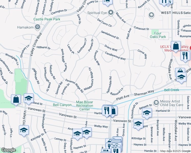 map of restaurants, bars, coffee shops, grocery stores, and more near 7024 Middlesbury Ridge Circle in Los Angeles