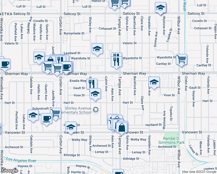 map of restaurants, bars, coffee shops, grocery stores, and more near 7068 Calvin Avenue in Los Angeles