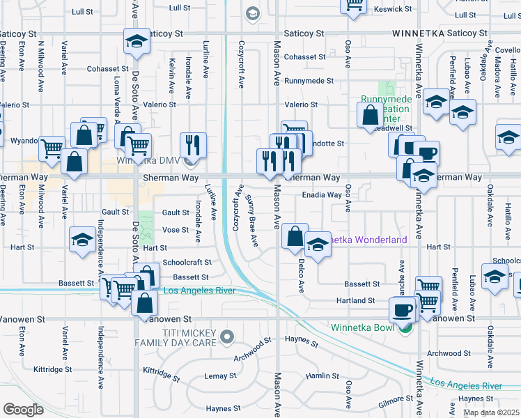 map of restaurants, bars, coffee shops, grocery stores, and more near 7118 Sunny Brae Avenue in Los Angeles