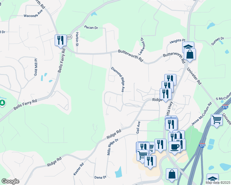map of restaurants, bars, coffee shops, grocery stores, and more near 275 Diamond Valley Pass in Canton