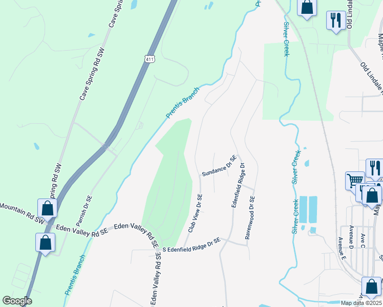 map of restaurants, bars, coffee shops, grocery stores, and more near 39 Club View Drive Southeast in Rome