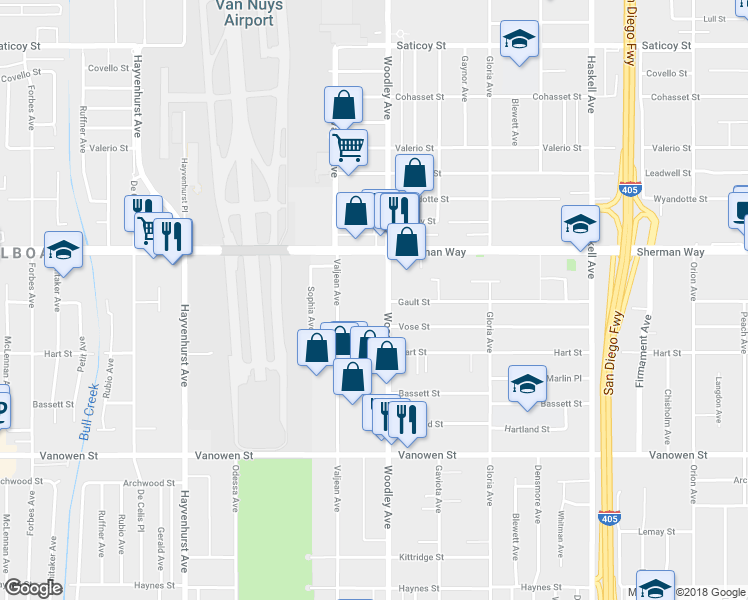 map of restaurants, bars, coffee shops, grocery stores, and more near 7124 Valjean Avenue in Los Angeles