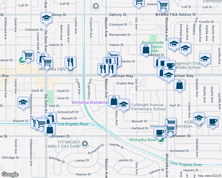 map of restaurants, bars, coffee shops, grocery stores, and more near 20462 Enadia Way in Los Angeles