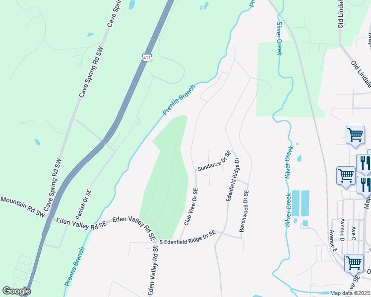 map of restaurants, bars, coffee shops, grocery stores, and more near 39 Club View Drive Southeast in Rome