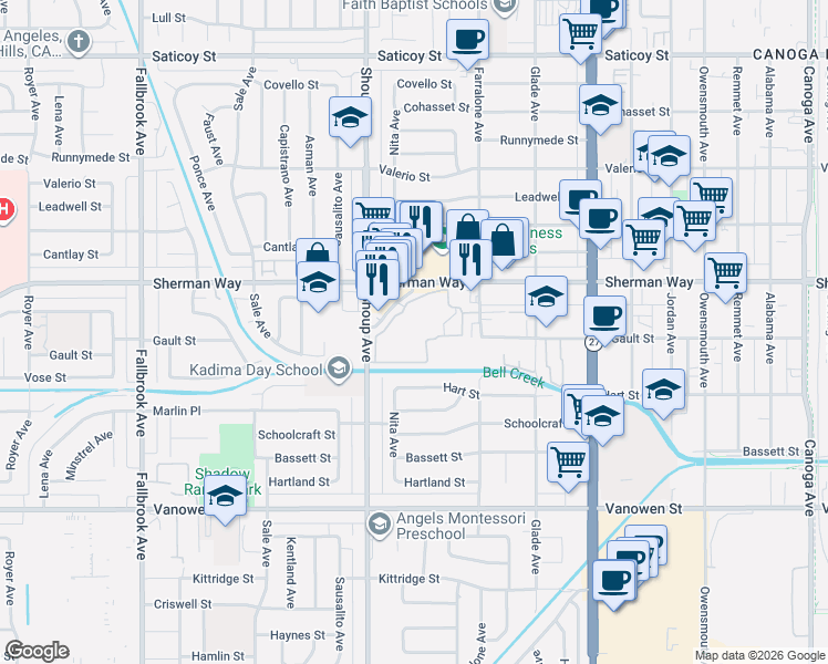 map of restaurants, bars, coffee shops, grocery stores, and more near 7120 Carlson Circle in Los Angeles