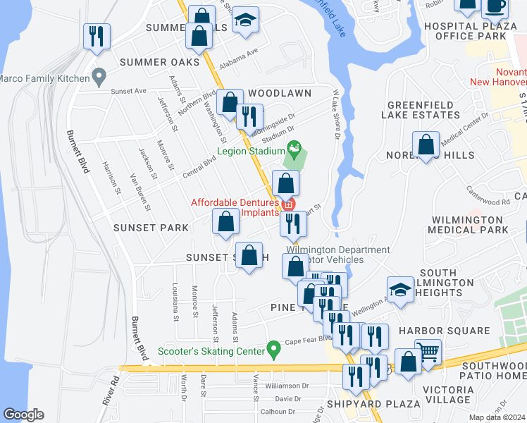 map of restaurants, bars, coffee shops, grocery stores, and more near 2229 Washington Street in Wilmington