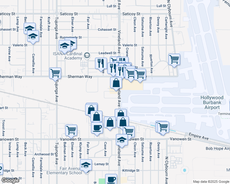 map of restaurants, bars, coffee shops, grocery stores, and more near 70751/2 Vineland Avenue in Los Angeles