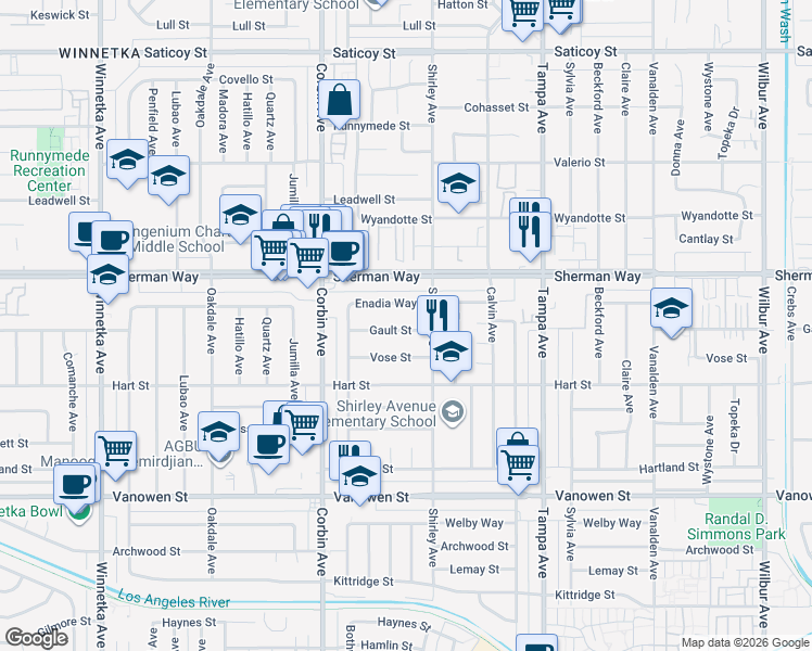 map of restaurants, bars, coffee shops, grocery stores, and more near 19539 Gault Street in Los Angeles