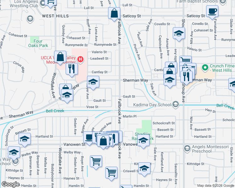 map of restaurants, bars, coffee shops, grocery stores, and more near 7124 Fallbrook Avenue in Los Angeles