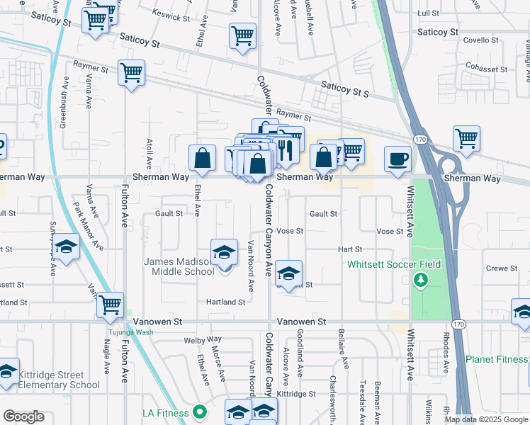 map of restaurants, bars, coffee shops, grocery stores, and more near 7101 Coldwater Canyon Avenue in Los Angeles