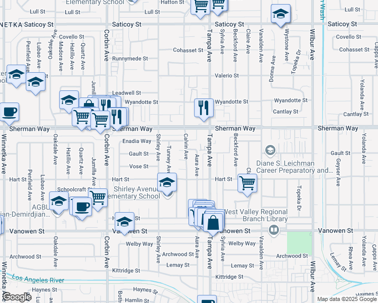 map of restaurants, bars, coffee shops, grocery stores, and more near 7068 Calvin Avenue in Los Angeles