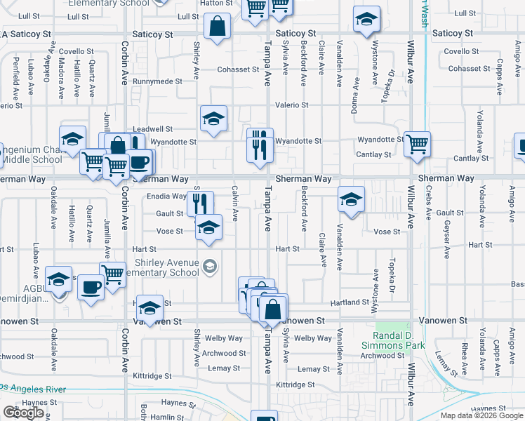 map of restaurants, bars, coffee shops, grocery stores, and more near 7105 Tampa Avenue in Los Angeles